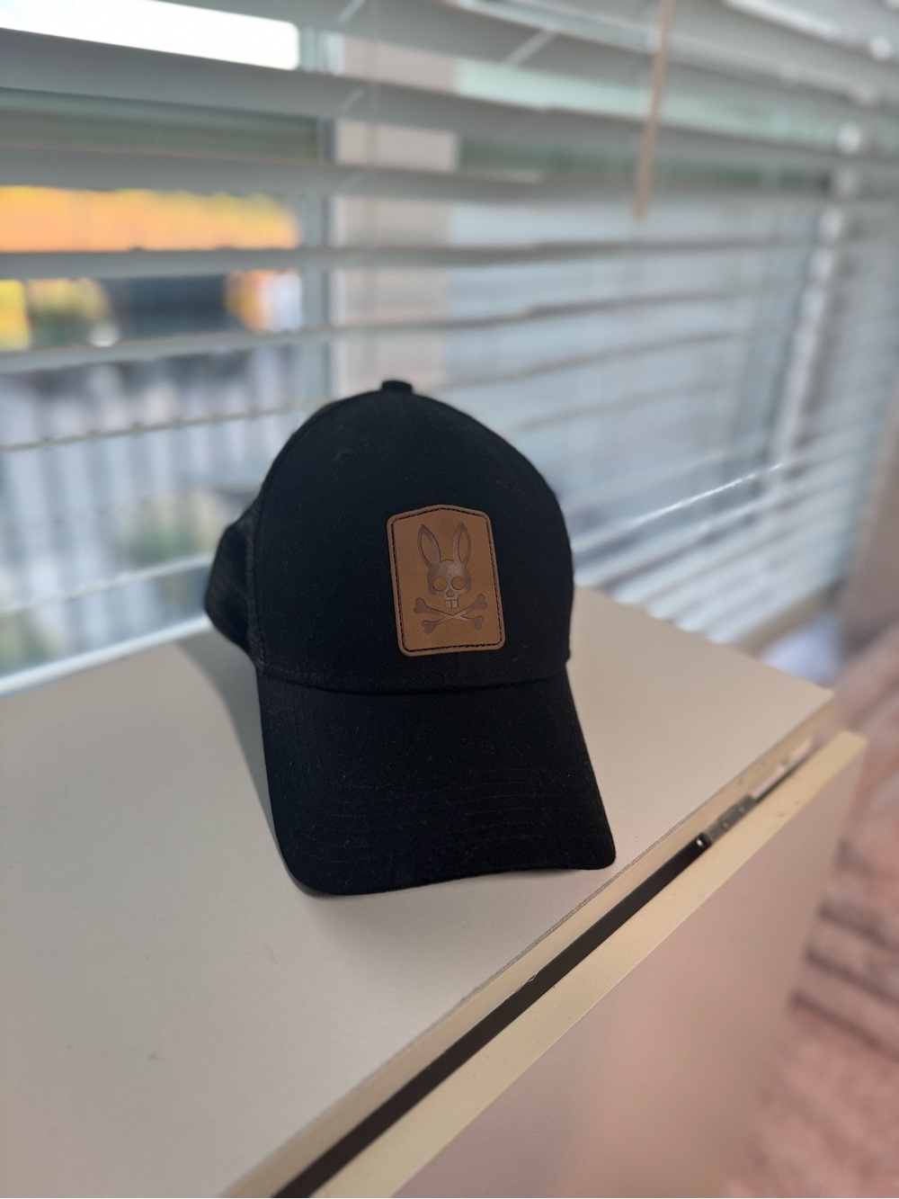 Psycho Bunny Black Baseball Cap with Brown Leather Patch